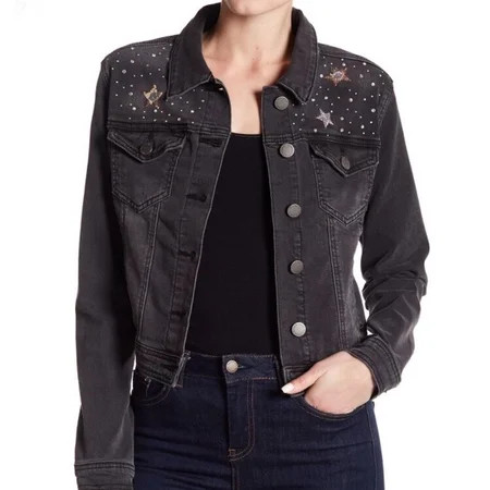 Romeo and Juliet BLACK Women s Crystal Sequin Stars Denim Trucker Jacket M | Walmart (US)