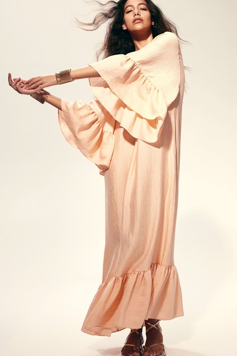 Frill-trimmed kaftan dress - Peach pink - Ladies | H&M GB | H&M (UK, MY, IN, SG, PH, TW, HK)
