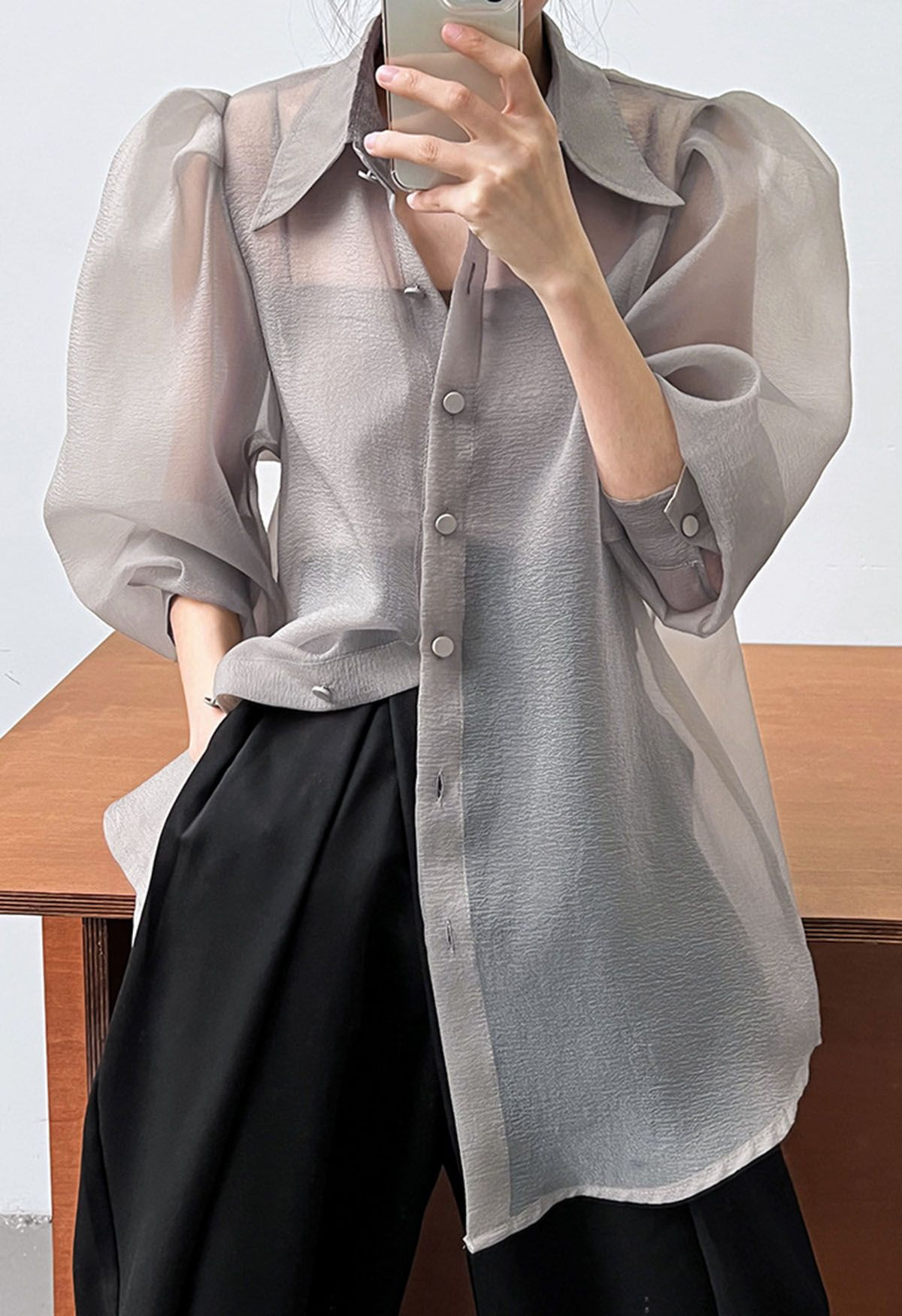 Bubble Sleeves Semi-Sheer Buttoned Shirt in Grey | Chicwish