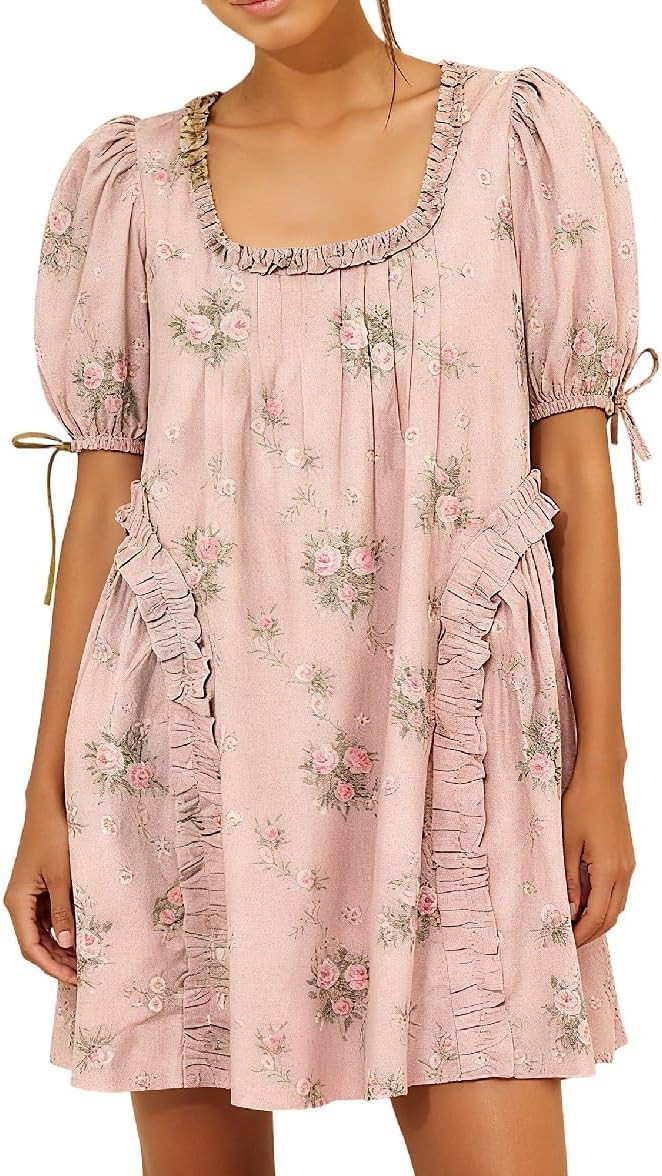 Women Puff Sleeve Babydoll Dress Square Neck Flowy Mini Dress Bow Tie Ruffle A Line Short Dress S... | Amazon (US)