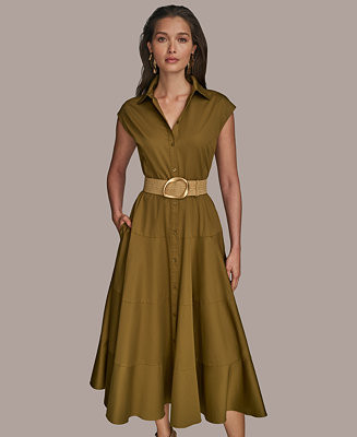 Women's Belted Cap-Sleeve Dress | Macy's