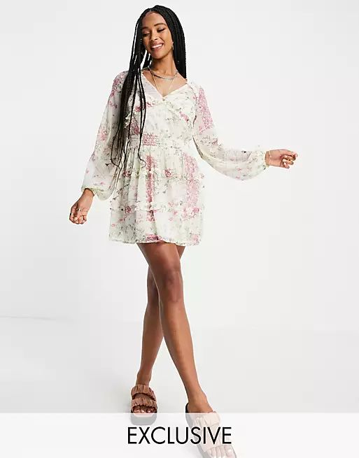 Reclaimed Vintage inspired mini dress with ruffle detail in spliced floral print | ASOS (Global)