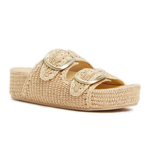 MICIFA Raffia Platform Sandals for Women Crochet Wedges Comfortable woven Flats Sandals with Buckle Open Toe Casual Straw Sandals Shoes | Amazon (US)