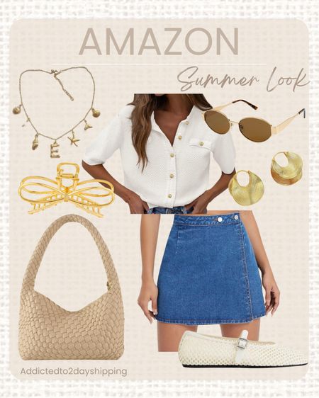 I am loving this chic amazon summer look! Such a cute sweater top paired with a denim skort, a very on trend leather woven handbag and oval brown and gold sunglasses. I finished the look off with a charm necklace, gold geometric shaped earrings and a gold bow claw clip!


#LTKFindsUnder100 #LTKSeasonal #LTKStyleTip
