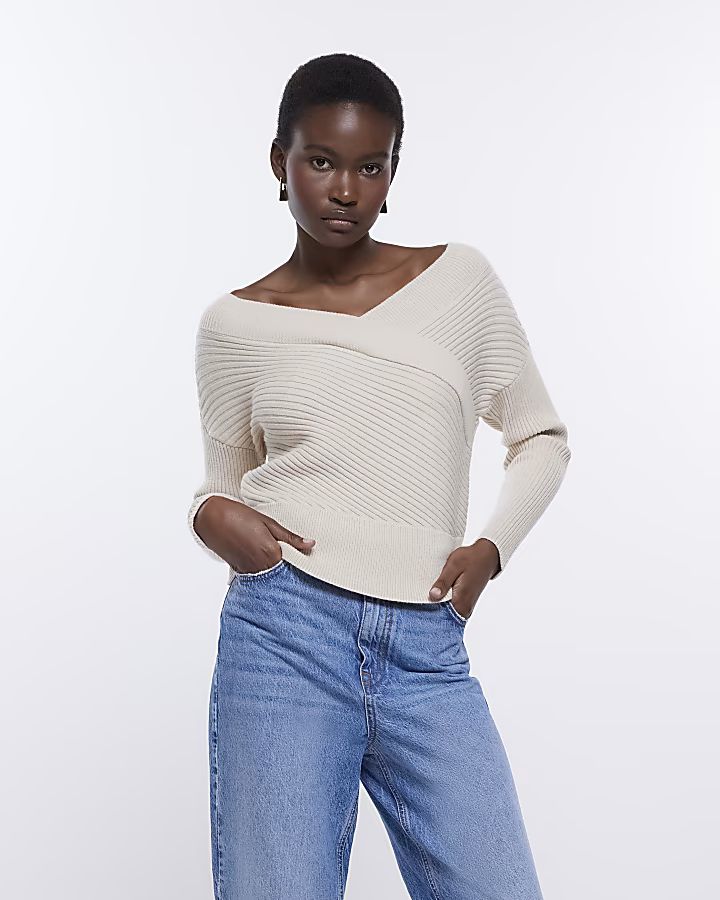 Cream knit wrap long sleeve jumper | River Island (UK & IE)