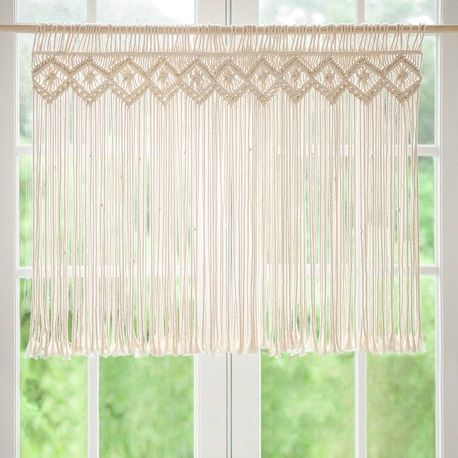 Mkono Wide Macrame Valance, 35" W x 26" H Short Window Treatments Panels Curtain Valance Woven Bo... | Amazon (US)