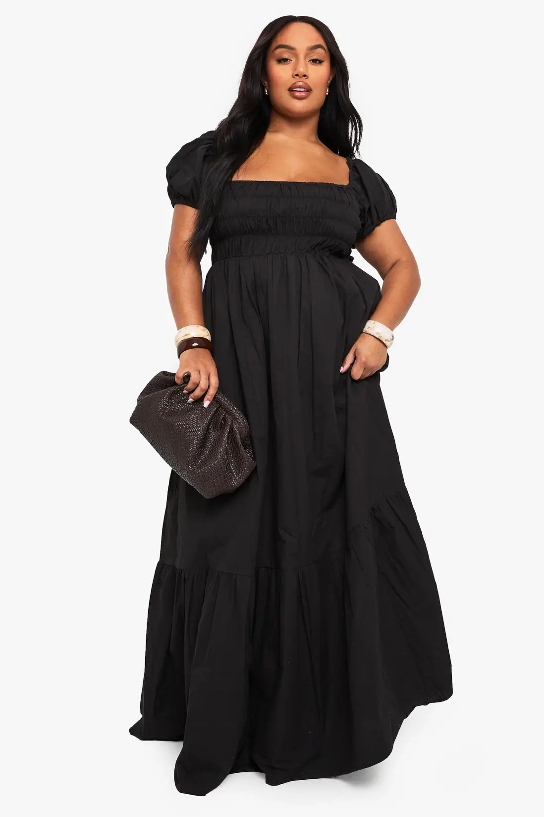 Black boohoo Plus Cotton Poplin Puff Sleeve Maxi Dress | PrettyLittleThing USA | PrettyLittleThing US