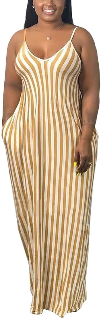 WOOSEN Womens Summer Suspender Maxi Dress Plus Size Striped Printed Sleeveless with Pockets and B... | Amazon (US)