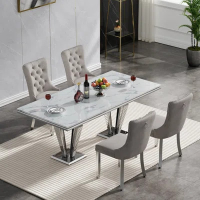 Rectangle Dining Table Set, Faux Marble Dining Table & Velvet Chairs with Stainless Steel Pedestal, 70" Dining Room Table and Chairs Set, Luxury Dinin | Wayfair North America