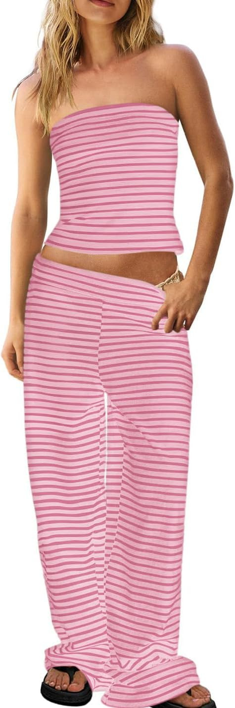 Womens Striped Two Piece Outfit Strapless Tube Top Wide Leg Pants Matching Set Summer Beach Vacat... | Amazon (US)