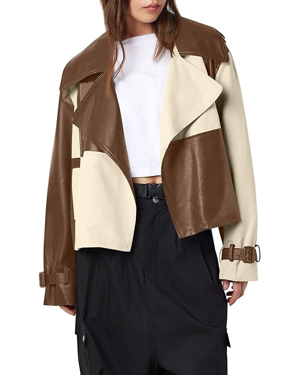 Tankaneo Womens Leather Cropped Jacket Fall Casual Trendy Oversized Color Block Motorcycle Coat | Amazon (US)