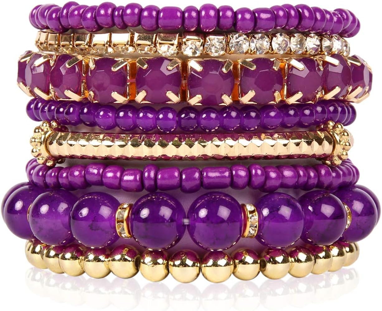 RIAH FASHION Multi Color Stretch Beaded Stackable Bracelets - Layering Bead Strand Statement Wrap... | Amazon (US)