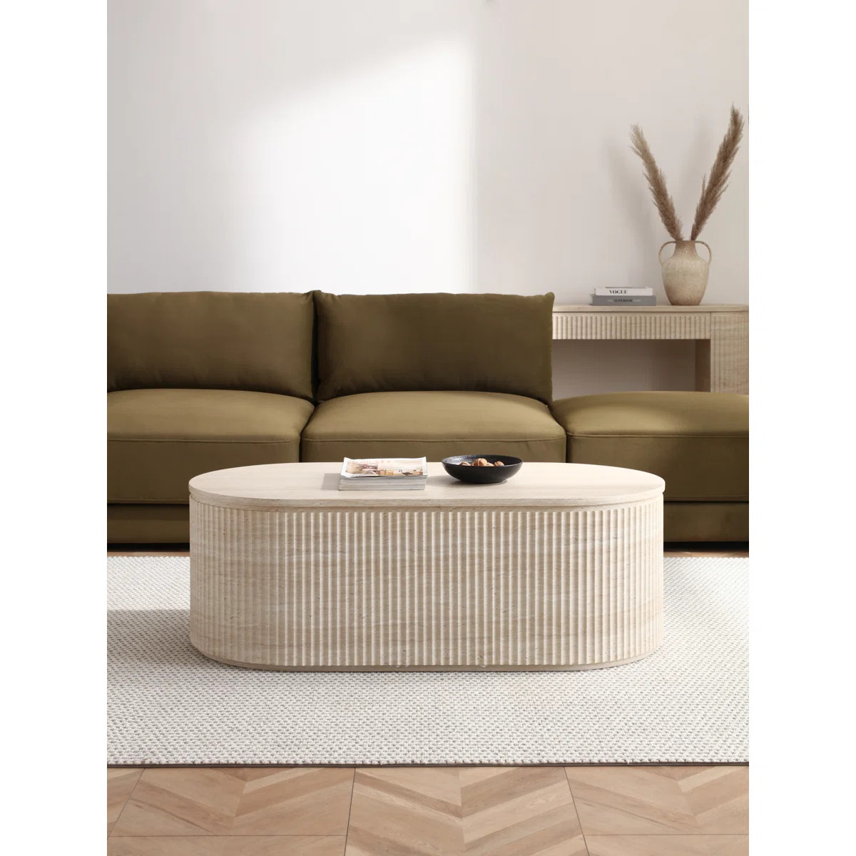 Mackenzie Modern Oval Travertine Coffee Table With Fluted Ribbed Sides - Faux Marble Beige Stone ... | Wayfair North America