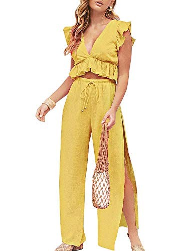 FANCYINN Womens 2 Pieces Outfits Deep V Neck Crop Top Side Slit Drawstring Wide Leg Pants Set Jum... | Amazon (US)