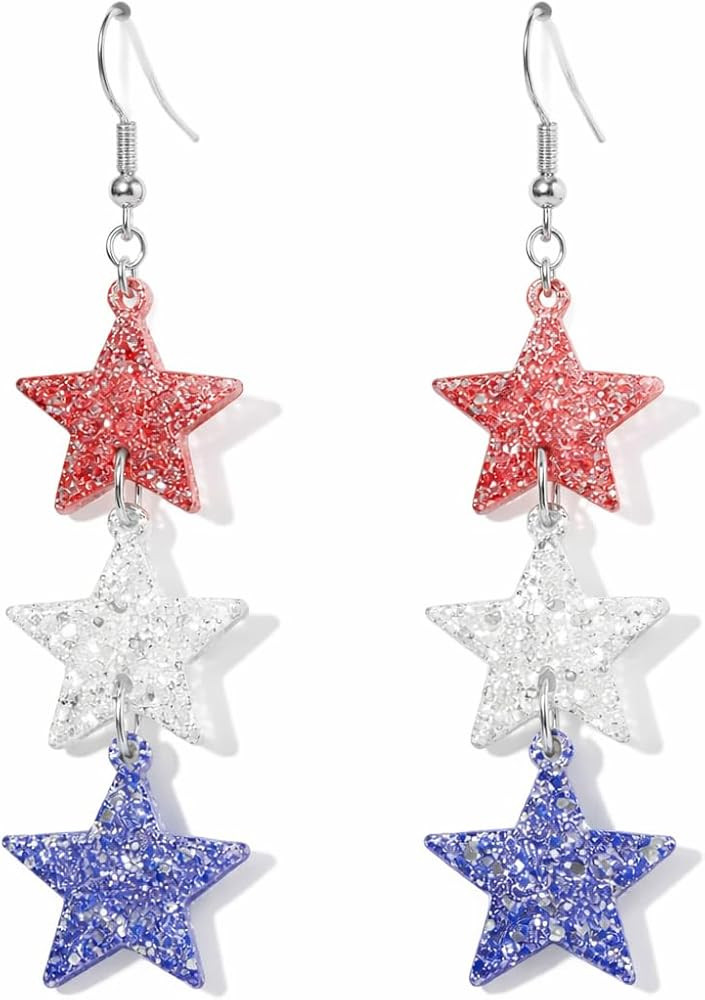 4th of July Star Dangle Earrings for Women Red White and Blue Patriotic Drop Earring Independence... | Amazon (US)
