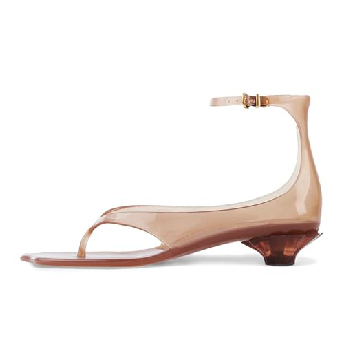 Amazon.com | KISSASA Brown Jelly Shoes for Women Fip Flop Kitten Heel Sandals Clear Ankle Strap T... | Amazon (US)
