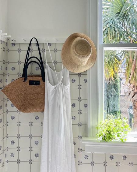 Summer beach outfit, linen maxi coverup with open back (wearing XS), French market tote, bucket hat