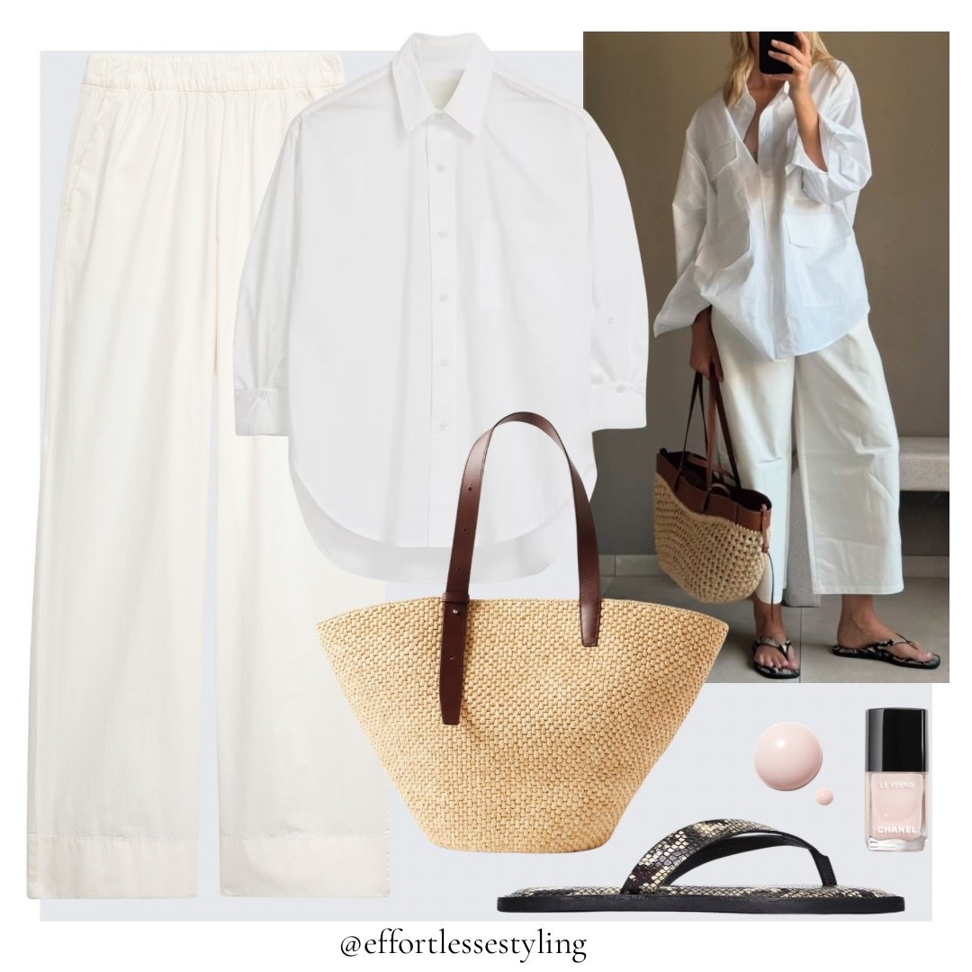Casual Spring / Summer outfit. 

Oversized white cotton shirt, snake print leather flip flops, light pink nail polish, raffia bag with dark tan leather straps, ecru pure cotton poplin straight leg trousers. 

#LTKuk #LTKspring #LTKeurope