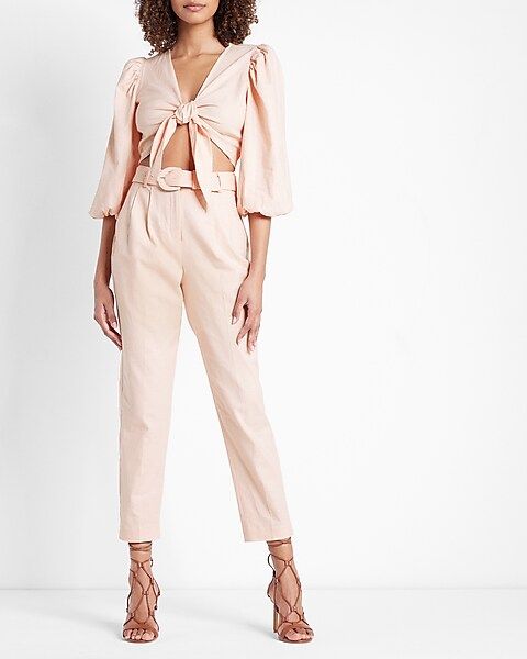 Super High Waisted Linen-Blend Belted Ankle Pant | Express