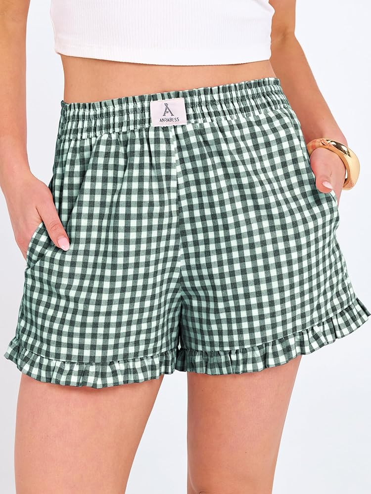 ANRABESS Boxer Shorts for Women,Gingham Plaid Elastic Waist Ruffle,Perfect for Lounge,Pajama&Slee... | Amazon (US)