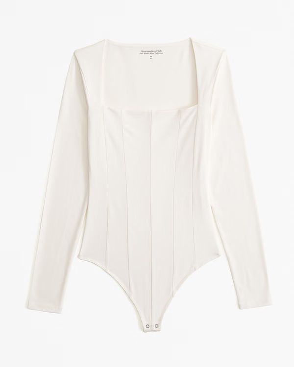 Long-Sleeve Cotton-Modal Squareneck Corset Bodysuit | Abercrombie & Fitch (US)