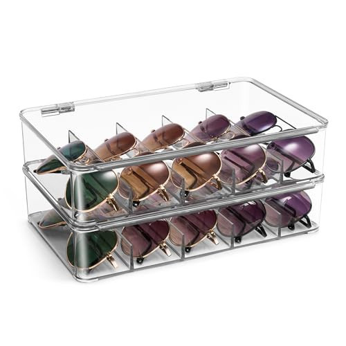 Sorbus Sunglasses Organizer - Plastic Stackable Eyeglass Case Storage Organizer for Multiple Glasses - Reading Glasses, Sunglass Holder with Hinged Lid for Eyewear Display Includes 5 Sections (2 Pack) | Amazon (US)