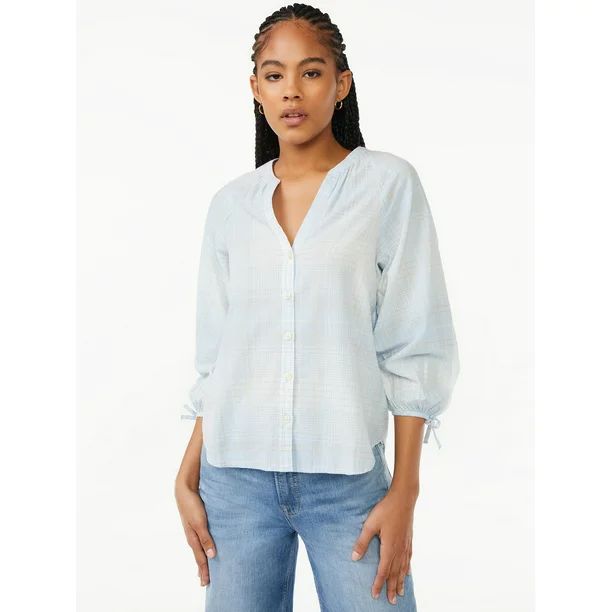 Free Assembly Women's Button Down Top with 3/4-Length Tie Sleeves | Walmart (US)