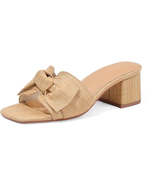 Erocalli Heeled Sandals for Women Raffia Sandals 2026 Chunky Heels Square Toe Mules Slip On Dress... | Amazon (US)