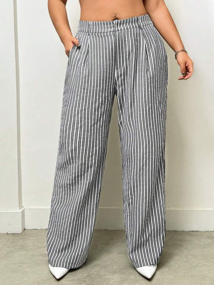 SHEIN ICON Pantalones casuales a rayas de talla grande con piernas anchas y bolsillos | SHEIN USA | SHEIN
