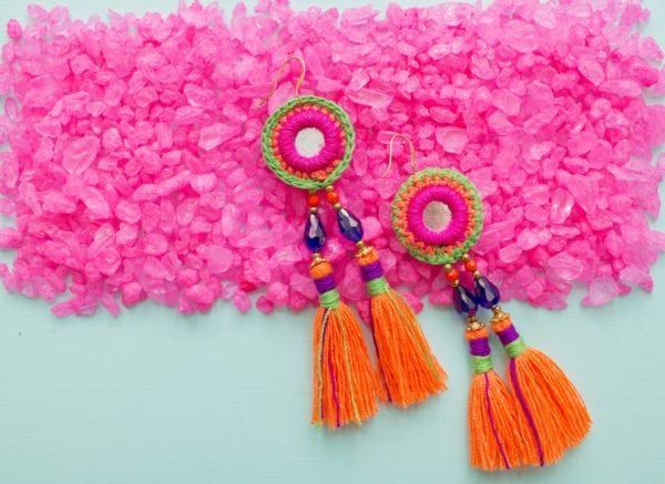 Circle Embroidery and Orange Tassel Earrings | Panacea