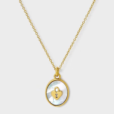Tiny Tags 14K Gold Ion Plated with Mother of Pearl Inlay Lock Pendant Necklace - Gold | Target