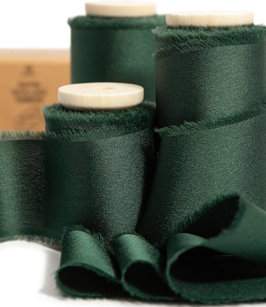 Vitalizart Green Silk Satin Ribbon 1-1/2 Inch x 15 Yard Wooden Spool Handmade Frayed Ribbons for ... | Amazon (US)