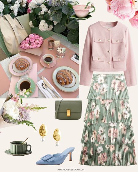 Spring mood board inspiration: floral midi skirt, pink lady jacket, sage green purse, pearl earrings, & blue mules 

#LTKfindsunder100 #LTKSeasonal
