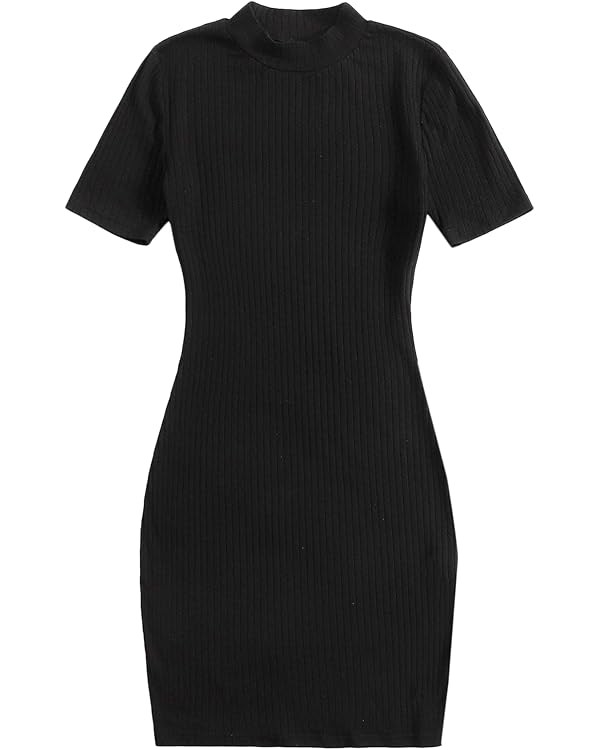 Floerns Women's Solid Rib-knit Mock Neck Short Sleeve Bodycon Dress | Amazon (US)