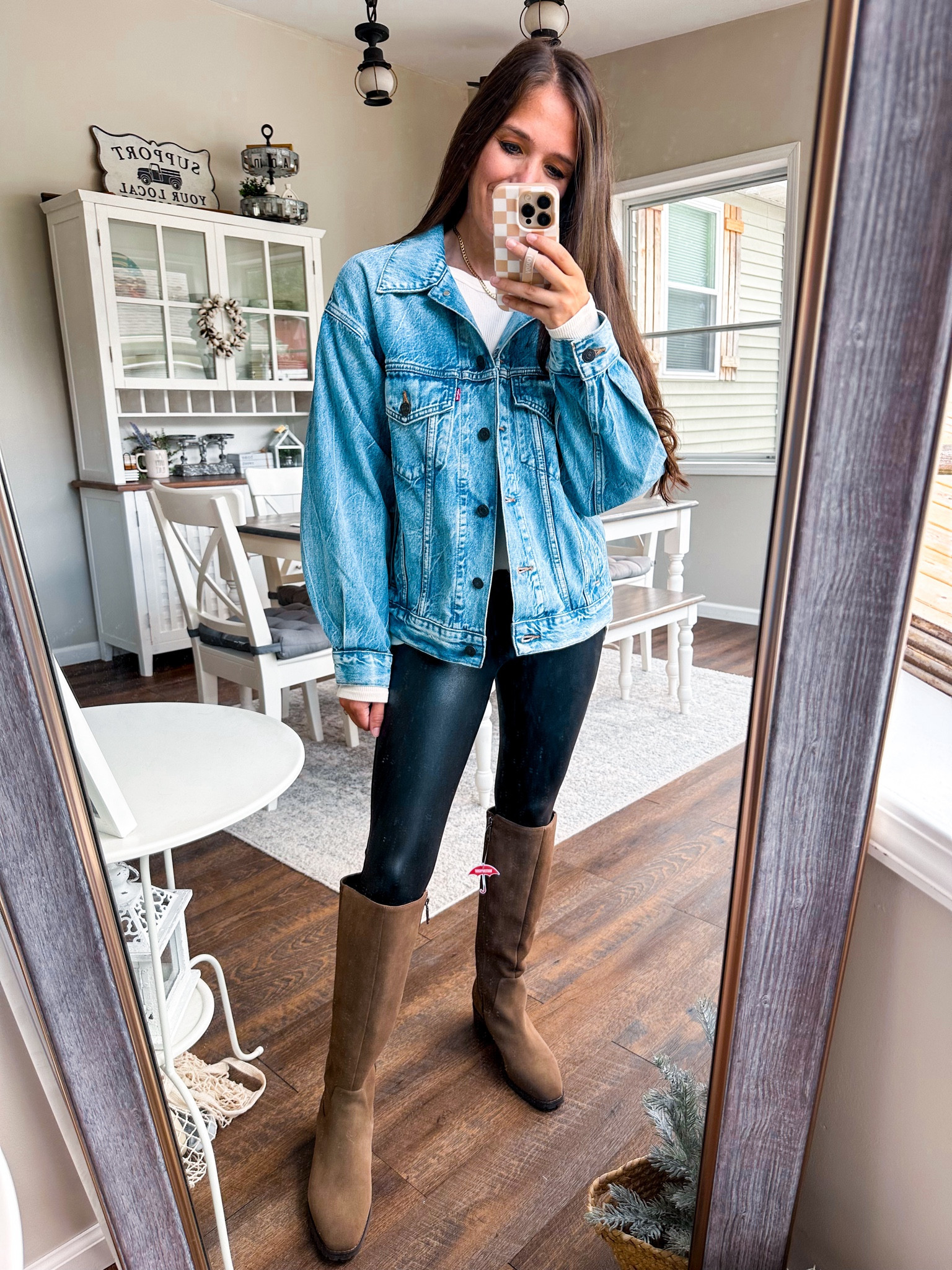 Nsale still in stock! 
Denim jacket XS 
Waffle knit small 
Leggings small petite 
Boots tts 

#LTKStyleTip #LTKSaleAlert #LTKxNSale