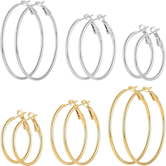 6/8 Pairs Gold Silver Plated Hoop Earrings for Women, Hypoallergenic Stainless Steel Gold Hoops S... | Amazon (US)