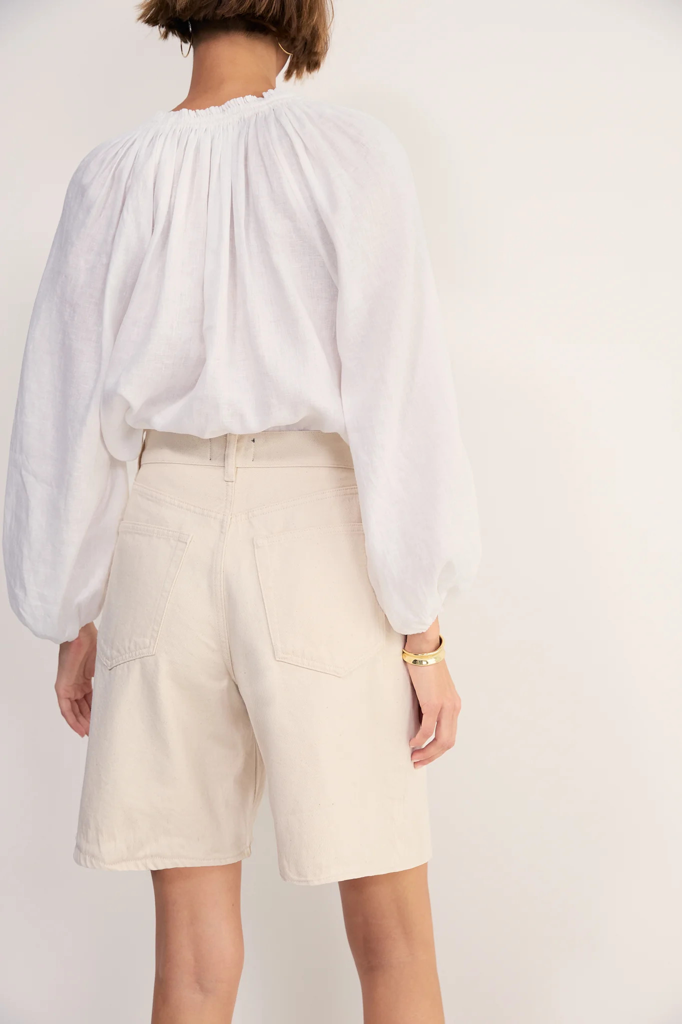 Lula Pleat Front Denim Long Short - Ecru | WYSE London