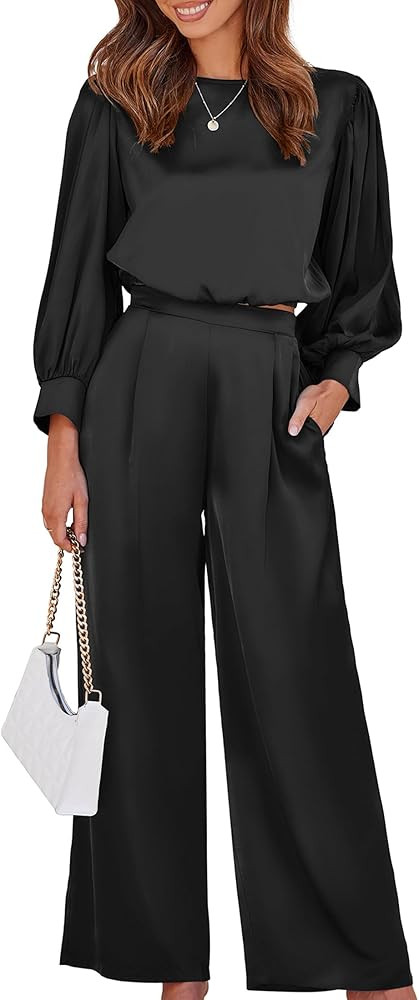 Ekouaer Women's Silk Satin Pajama Set Long Sleeve Crop Top Wide Leg Pant 2 Piece Loungewear with ... | Amazon (US)