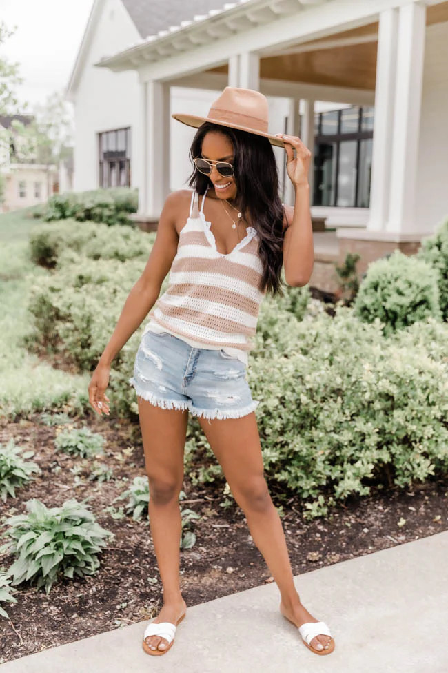 Modern Love Story Striped V-Neck Beige Tank Sweater | Pink Lily