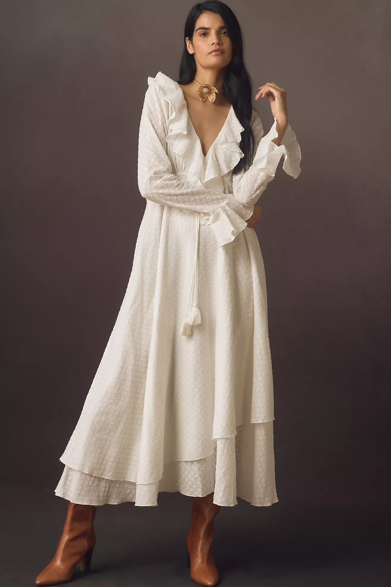 Forever That Girl Dove Long-Sleeve Ruffled Midi Dress | Anthropologie (US)