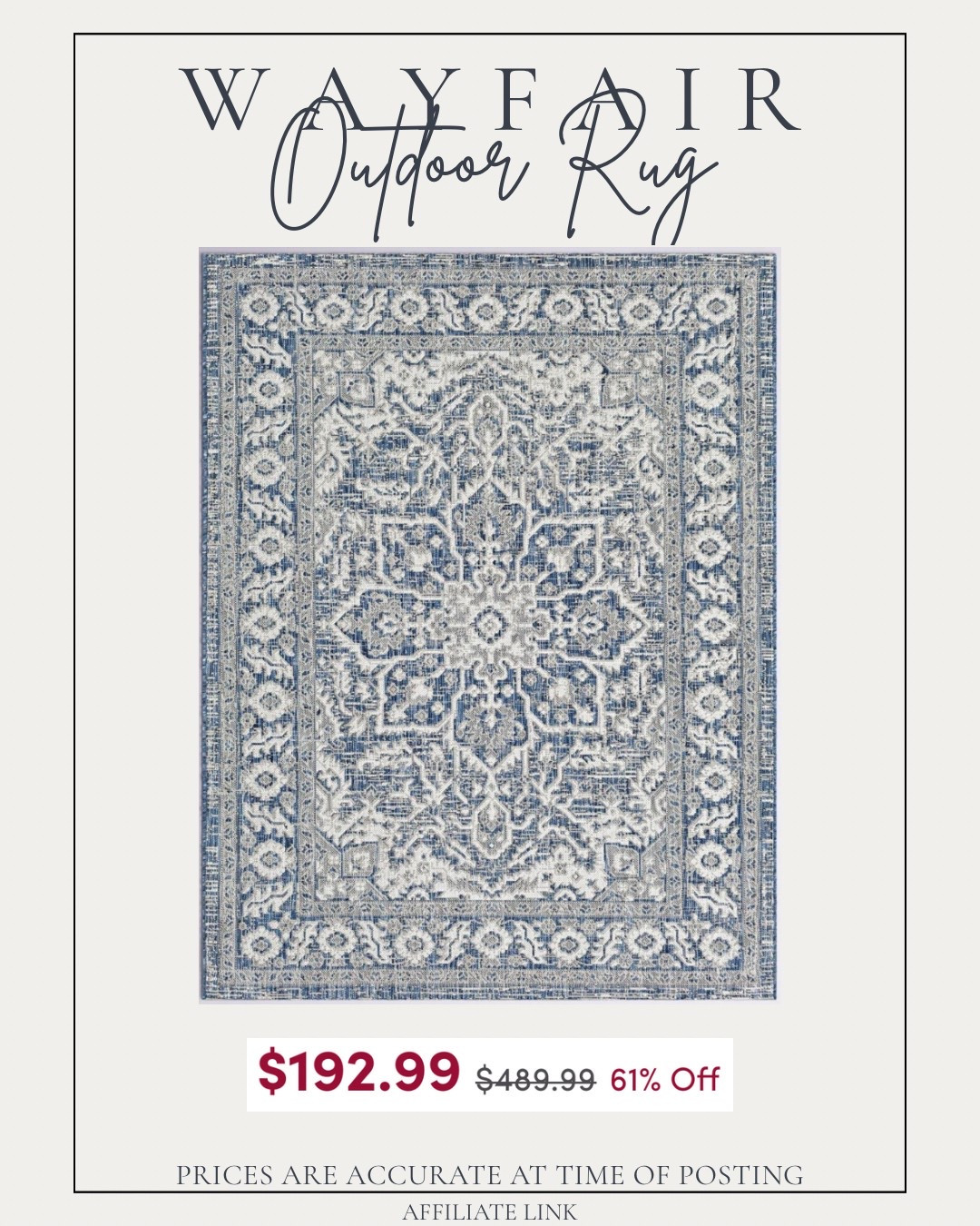 61% off is crazy!! The price ($192.99) is for the 7’10 x 10’2 size. It has a boho vibe but would look amazing in a coastal-style home or a Mediterranean backyard. 

#wayfaircanada ##ltkhome #ltksummer #ltkwayday #ltkxwayday #rug #outdoorrug #outdoorliving

#ltkhome #ltksalealert #outdoorrug #coastaldecor #coastalhome #bohodecor #moderneuropean

#LTKcanada #LTKcasa #LTKsale