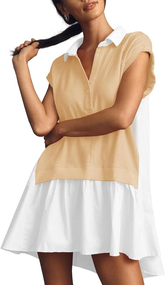 Fisoew Womens Summer Sweatshirt Dresses Short Sleeve V Neck Casual Oversized Patchwork Mini Dress | Amazon (US)