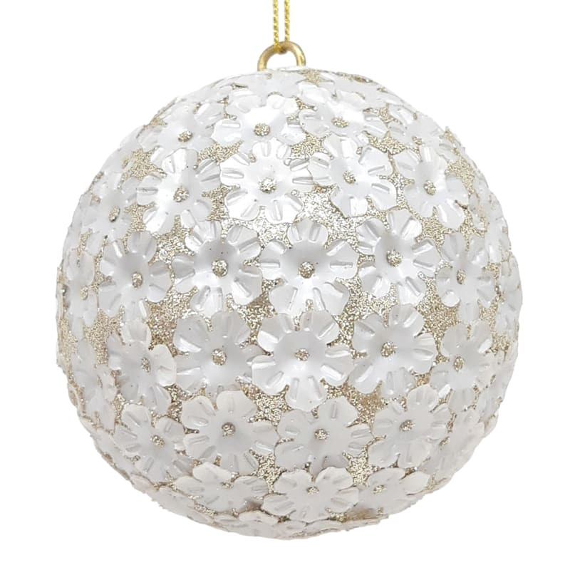 White Sequin Flower Ball Ornament, 3" | At Home