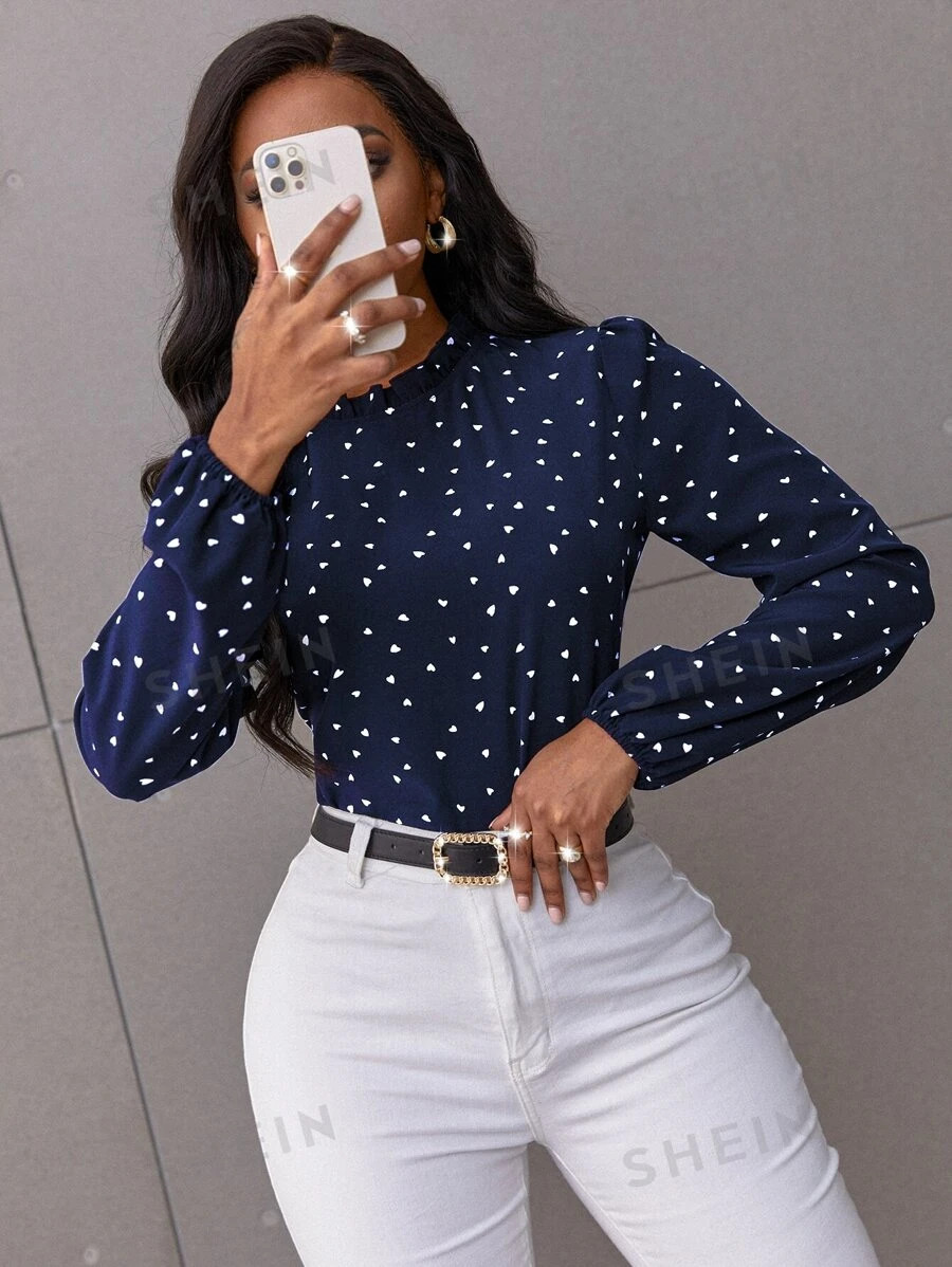 SHEIN Clasi Confetti Heart Print Bishop Sleeve Frilled Neck Blouse | SHEIN