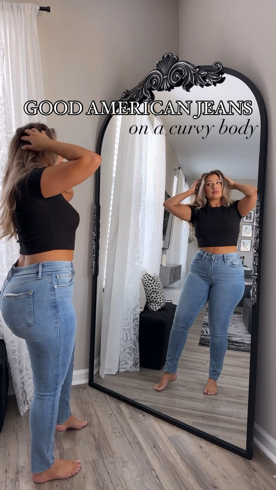Good American jeans on a curvy body. These jeans are AMAZING! Stretchy and so comfortable! 
First pair: size 6-10 fits everyone (I’m a true size 10)
Second pair: size 10 

#LTKstyletip #LTKmidsize #LTKSpringSale
