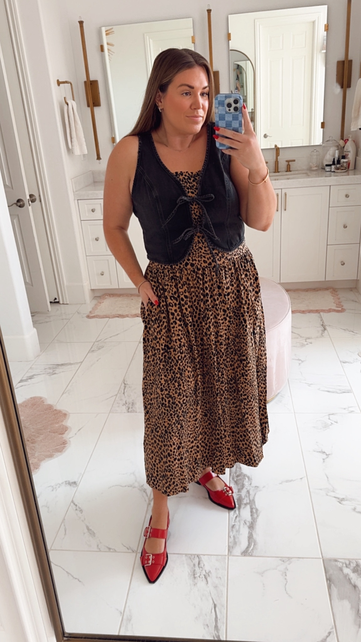 curvy fall transitional outfit! entire look is under $100! wearing size large in leopard maxi dress, size xl in black washed denim vest, and size 8.5 in red flats (size down .5!) 

#LTKMidsize #LTKSeasonal #LTKFindsUnder50