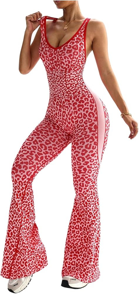 Verdusa Women's Cheetah Print Workout Sets Yoga Jumpsuit Criss Cross Sleeveless Work Out Clothes ... | Amazon (US)