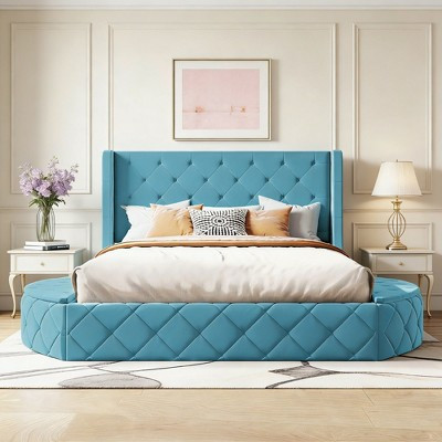 Luxystar Queen Velvet Upholstered Platform Bed with Wingback Headboard, Drawer and 2 Side Storage Bench, Blue | Target