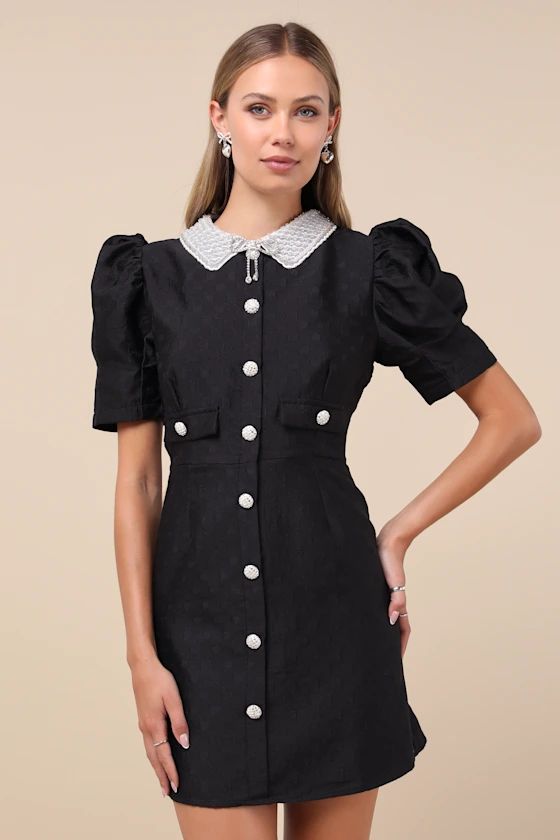 Dallas Jewels Black Jacquard Bead Collar Puff Sleeve Mini Dress | Lulus