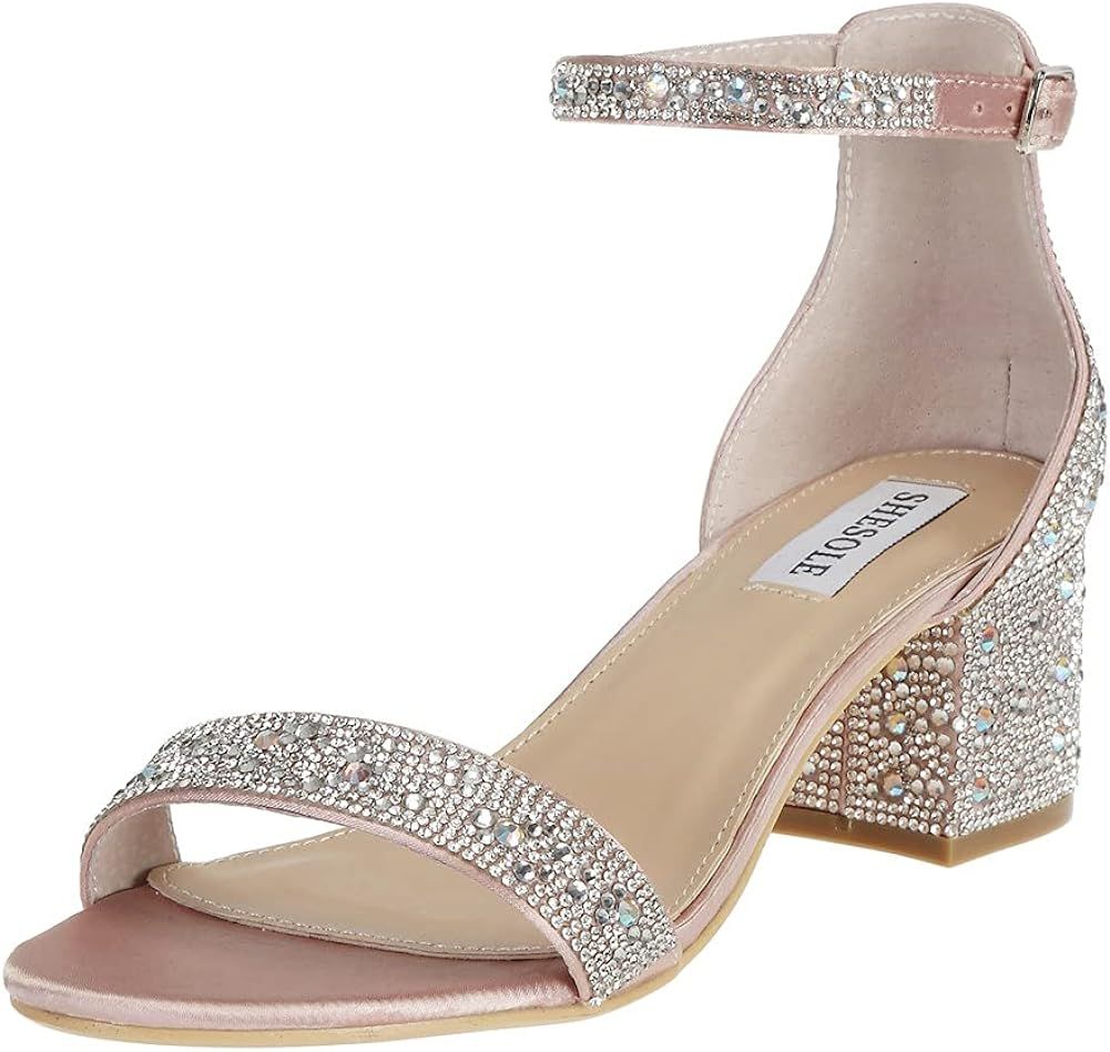 Amazon.com | SheSole Women's Open Toe Strappy Low Block Heel Bling Rhinestone Sandals for Wedding... | Amazon (US)